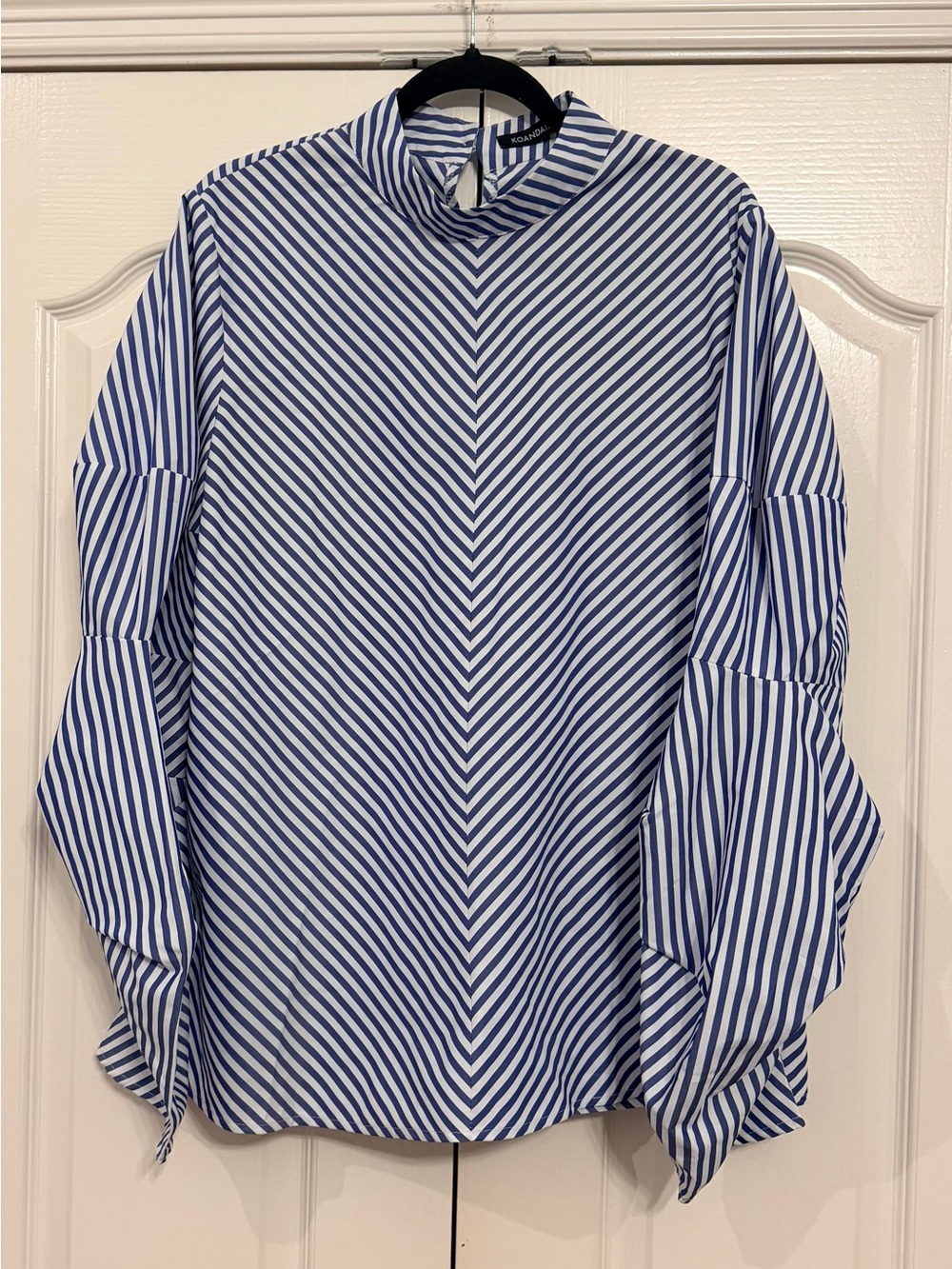 Striped High-Neck Puff-Sleeve Blouse in Blue and White - Picture 3 of 4